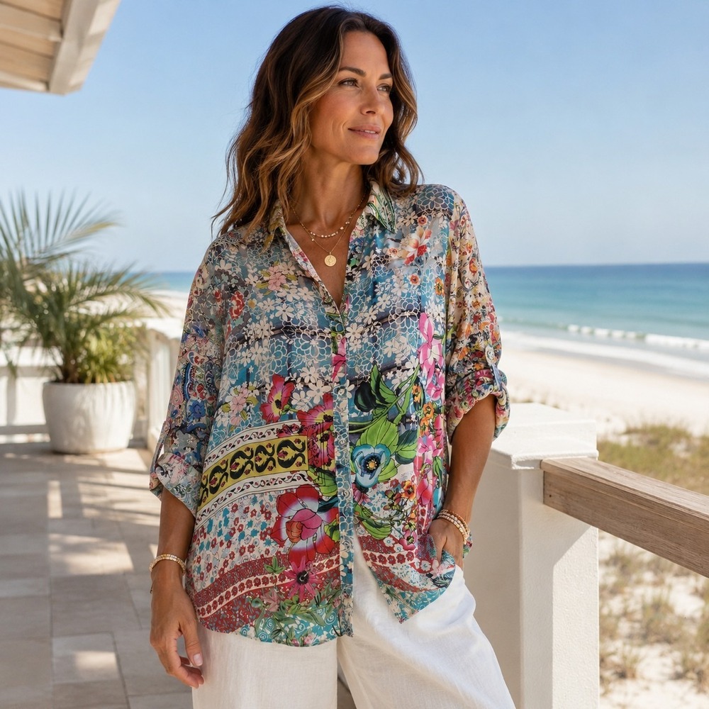 Johnny Was Patchwork Floral Boho Tunic Blouse Roll Tab M Resort Cottagecore